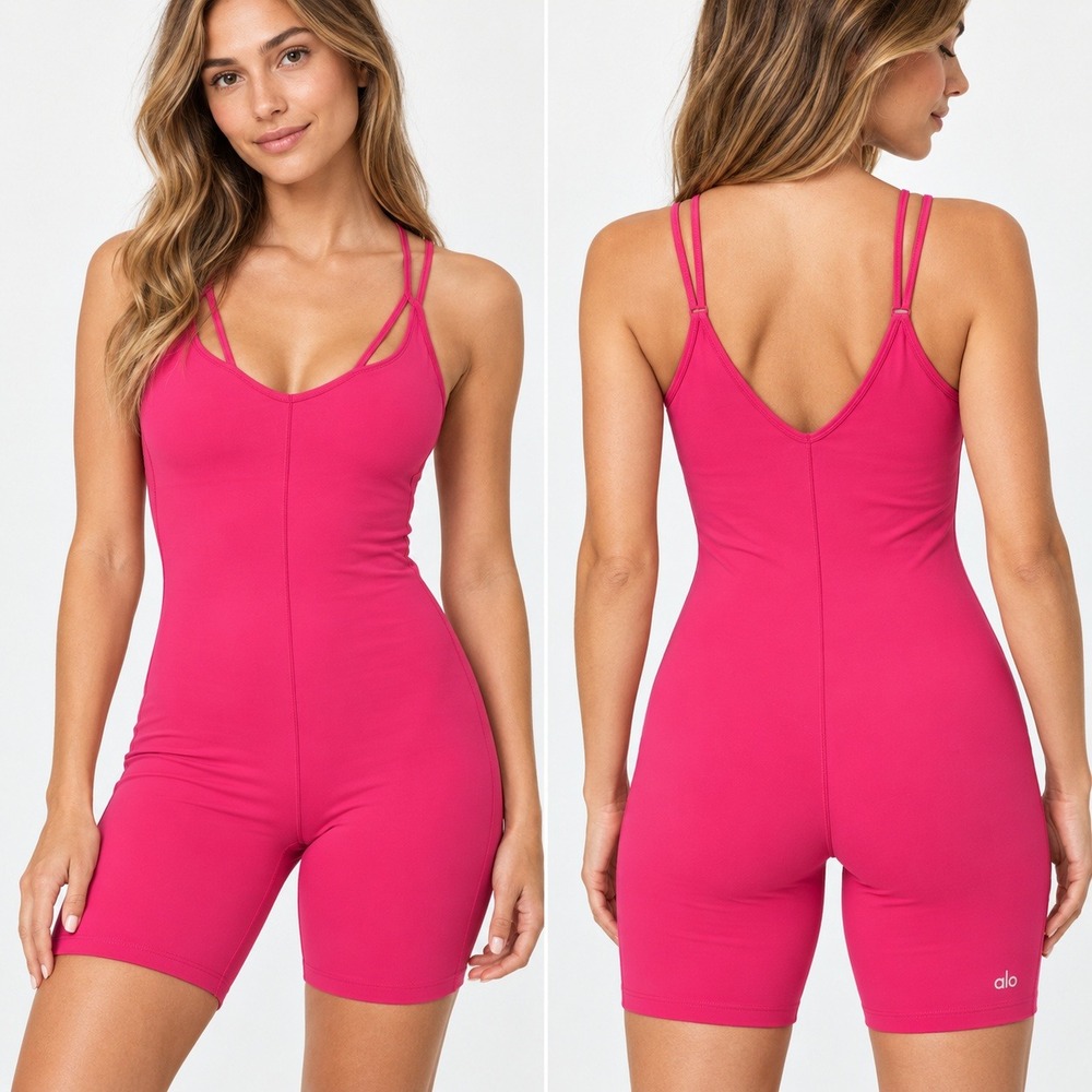 Alo Yoga Pink Alosoft Suns Out Bodysuit V-Neck Double Strap Athletic Romper